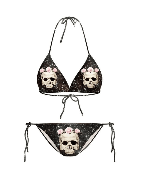 Skull Rose Printed Halter Triangle Bikini Set - AnotherChill
