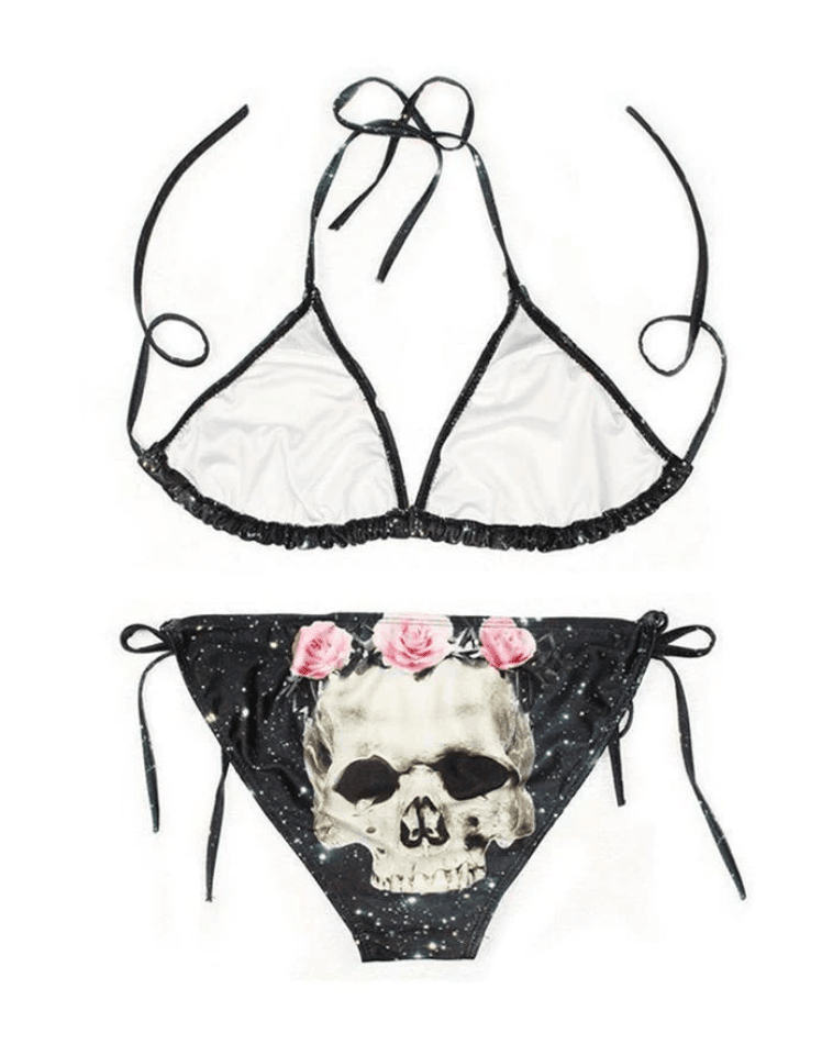 Skull Rose Printed Halter Triangle Bikini Set - AnotherChill