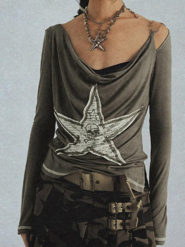 Skull Star Print Chain Decor Long Sleeve Tee - AnotherChill