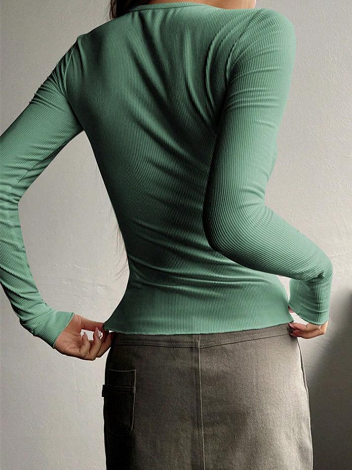 Solid Color Breasted V Neck Slim Long Sleeve Knit - AnotherChill