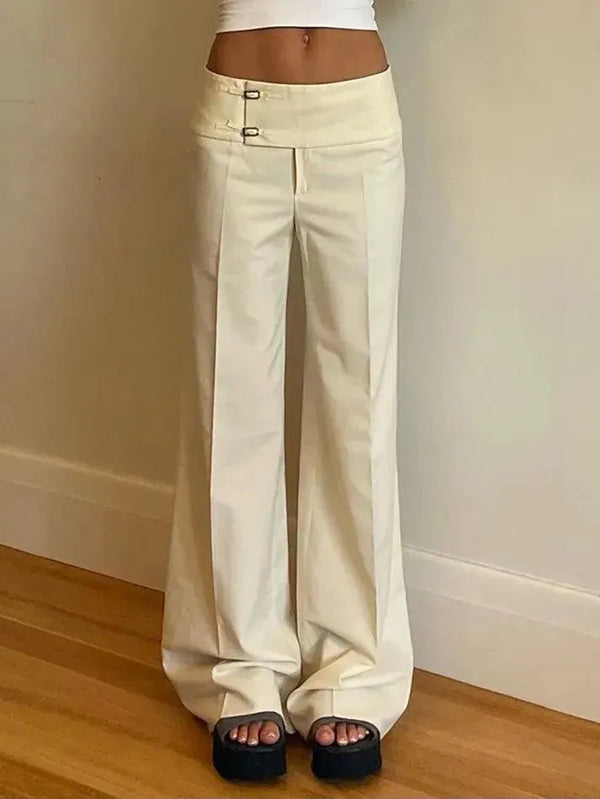 Solid Color Buttoned Low-Rise Pants - AnotherChill