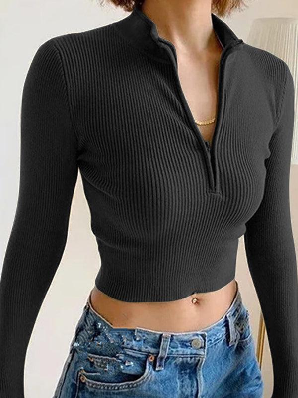 Solid Color Ribbed Zip Up Crop Long Sleeve Knit - AnotherChill
