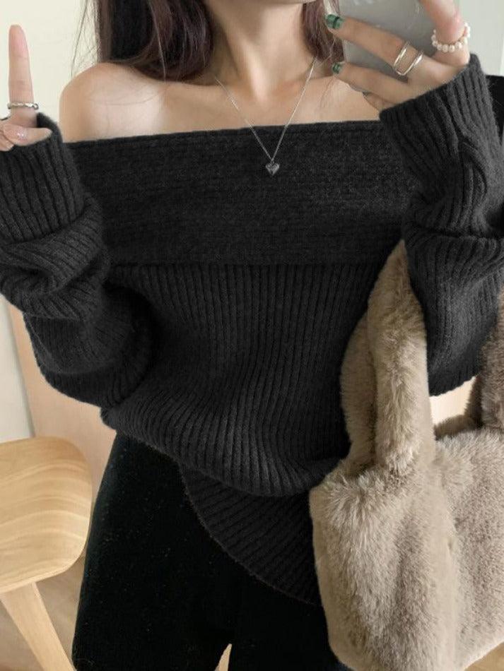 Solid Off Shoulder Knit Sweater - AnotherChill