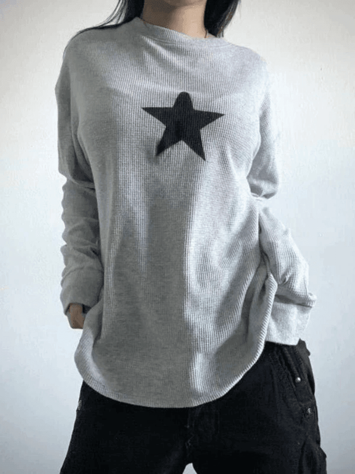 Star Print Long Sleeve Waffle Knit Top - AnotherChill