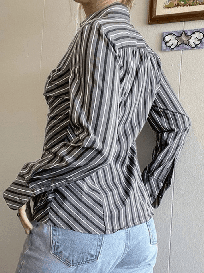 Striped Long Sleeve Button Blouse - AnotherChill
