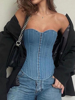 Tie Back Denim Bandeau Corset Top - AnotherChill