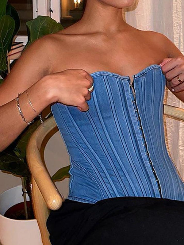 Tie Back Denim Bandeau Corset Top - AnotherChill