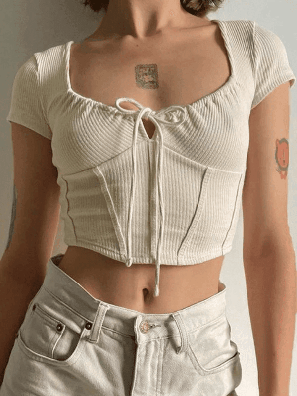 Tie Front Corset Ribbed Crop Top - AnotherChill