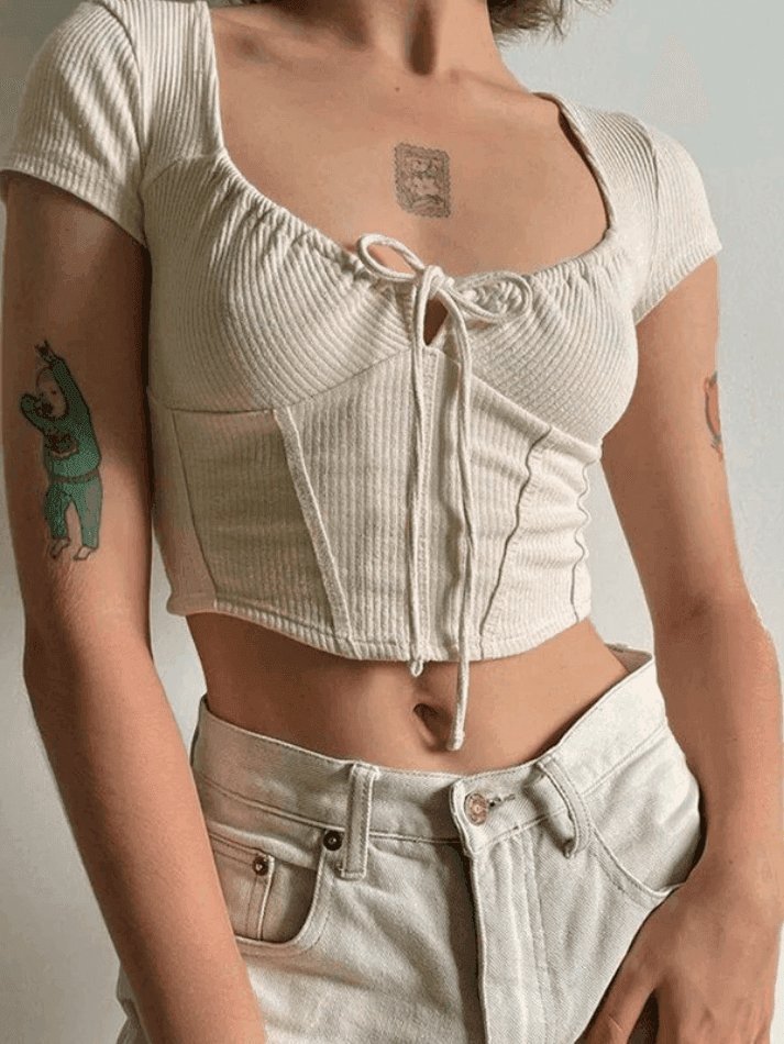 Tie Front Corset Ribbed Crop Top - AnotherChill