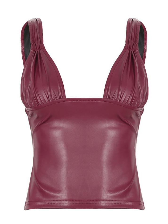 U-Neck Ruched Faux Leather Tank Top - AnotherChill