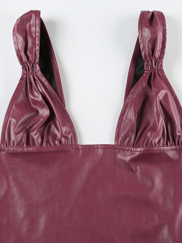 U-Neck Ruched Faux Leather Tank Top - AnotherChill