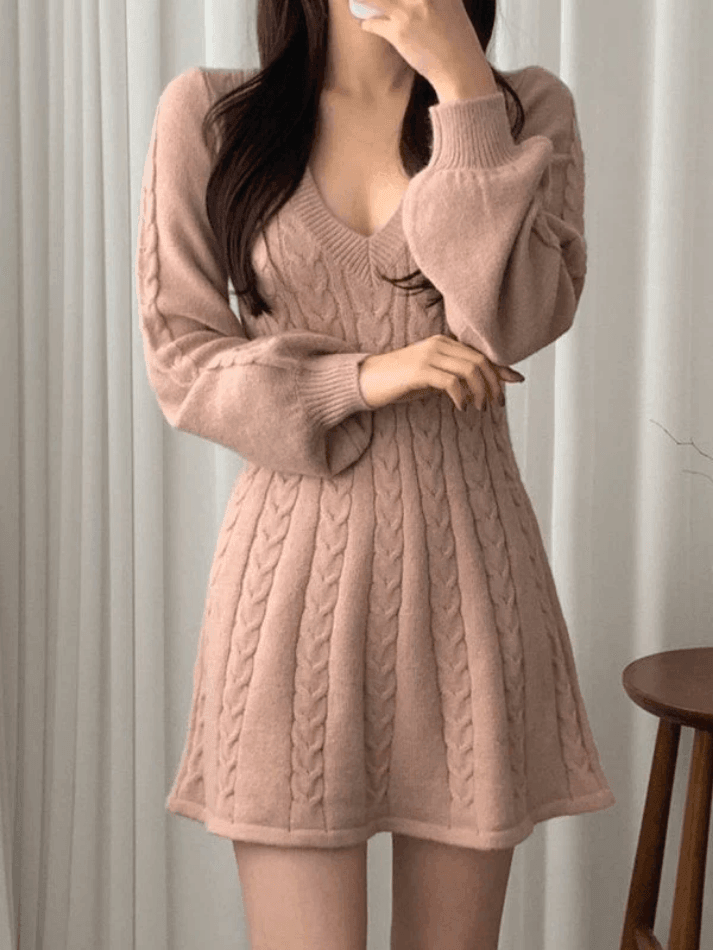 V Neck Cable Knit Long Sleeve Mini Dress - AnotherChill