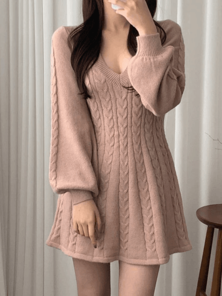 V Neck Cable Knit Long Sleeve Mini Dress - AnotherChill