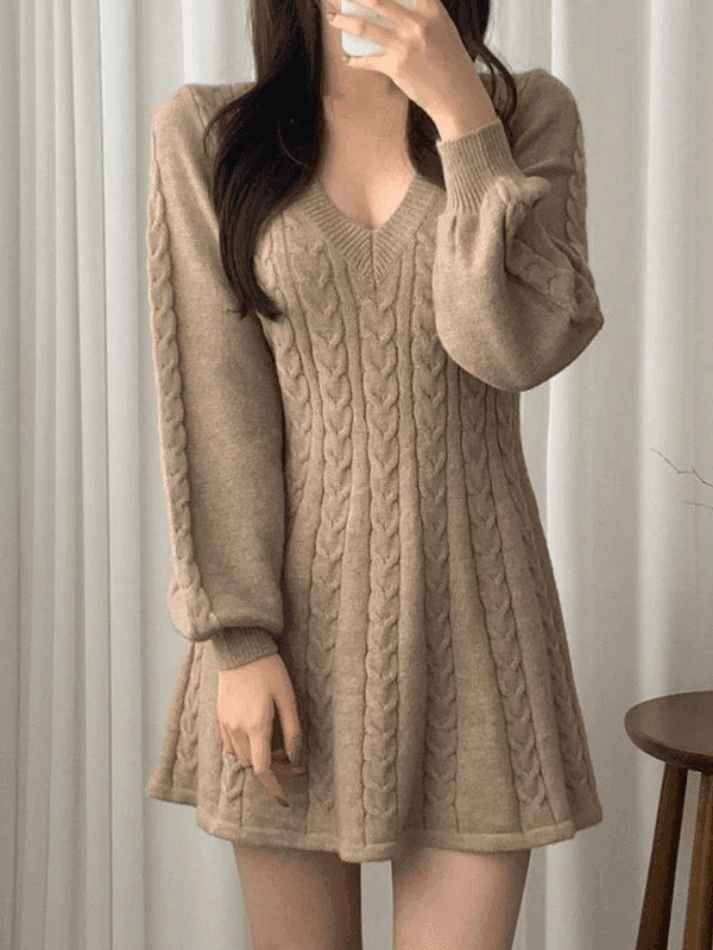 V Neck Cable Knit Long Sleeve Mini Dress - AnotherChill