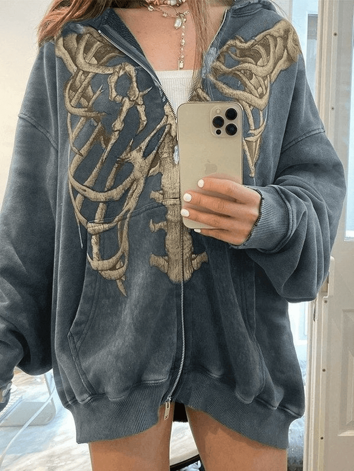 Velvet Skeleton Graphic Zip Up Hoodie - AnotherChill