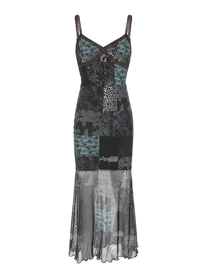 Vintage Asymmetrical Print Mesh Cami Maxi Dress - AnotherChill