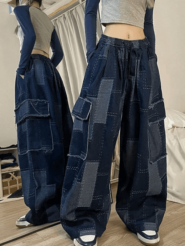 Vintage Blue Checkered Baggy Cargo Jeans - AnotherChill