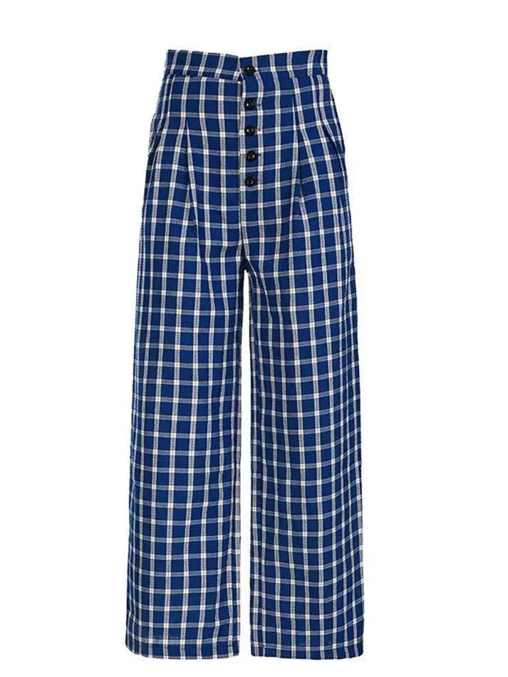 Vintage Blue Plaid Wide Leg Pants - AnotherChill