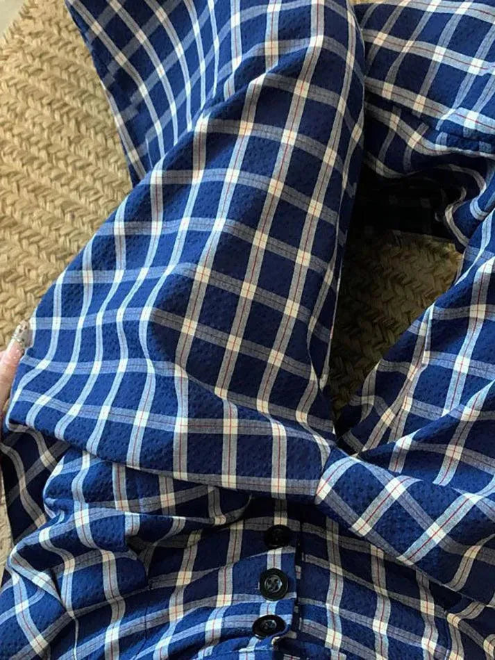 Vintage Blue Plaid Wide Leg Pants - AnotherChill