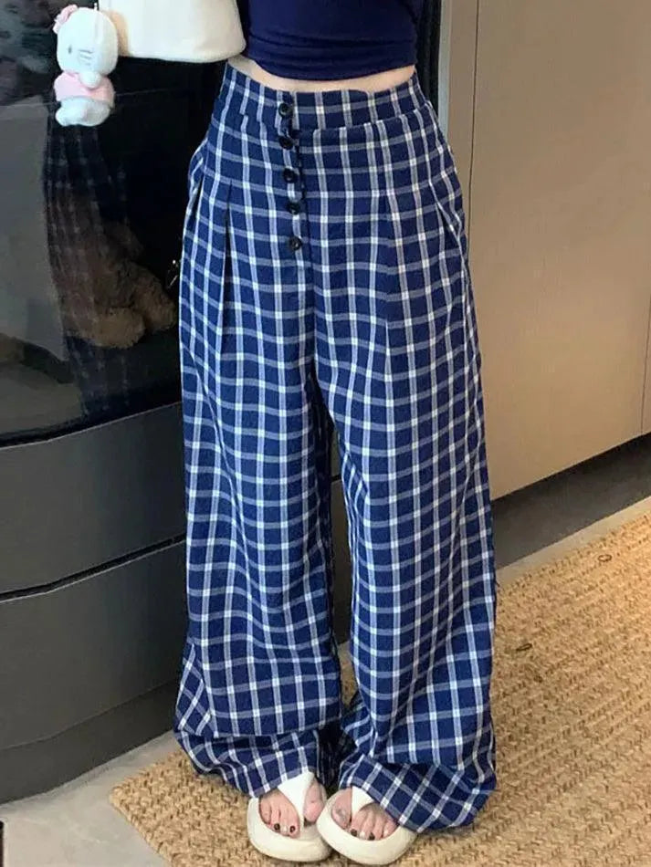 Vintage Blue Plaid Wide Leg Pants - AnotherChill