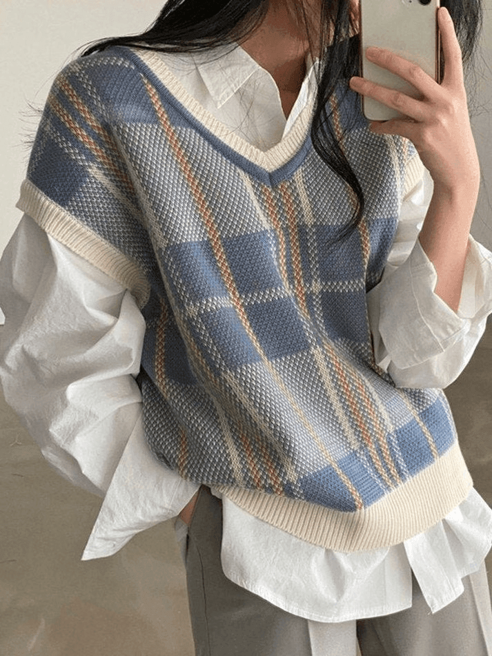 Vintage Checkered V Neck Sweater Vest - AnotherChill