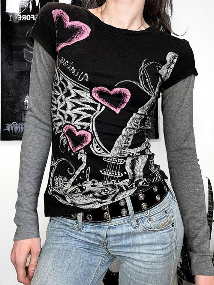 Vintage Contrast Guitar Print Faux Two-Piece Top - AnotherChill