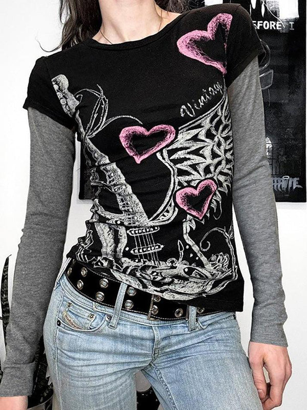 Vintage Contrast Guitar Print Faux Two-Piece Top - AnotherChill