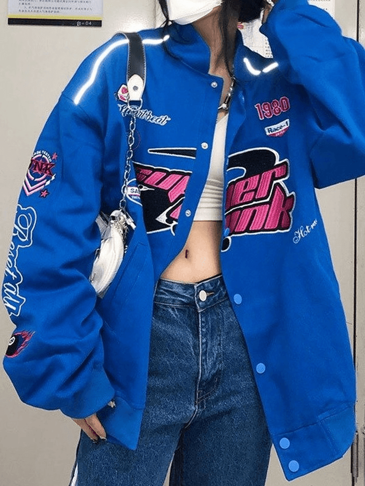 Vintage Embroidered Button-Down Motorcycle Varsity Jacket - AnotherChill