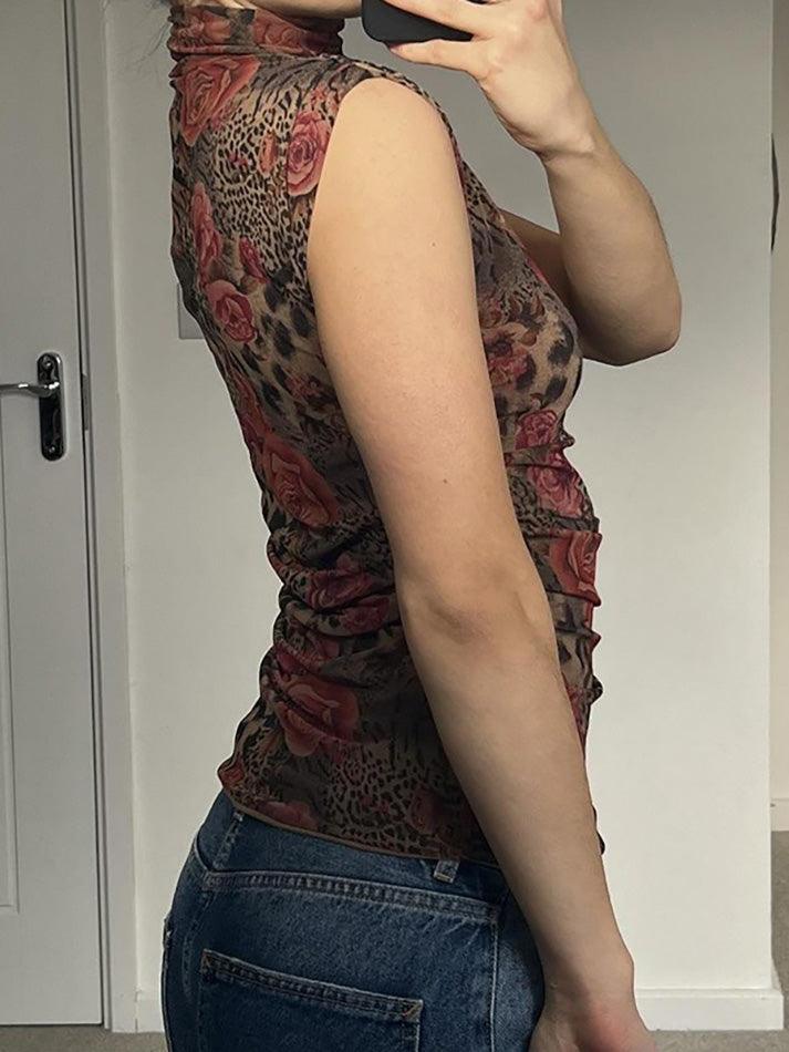 Vintage Floral Print High-Neck Sleeveless Top - AnotherChill