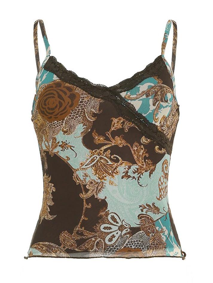 Vintage Floral Print Lace Mesh Tank Top - AnotherChill