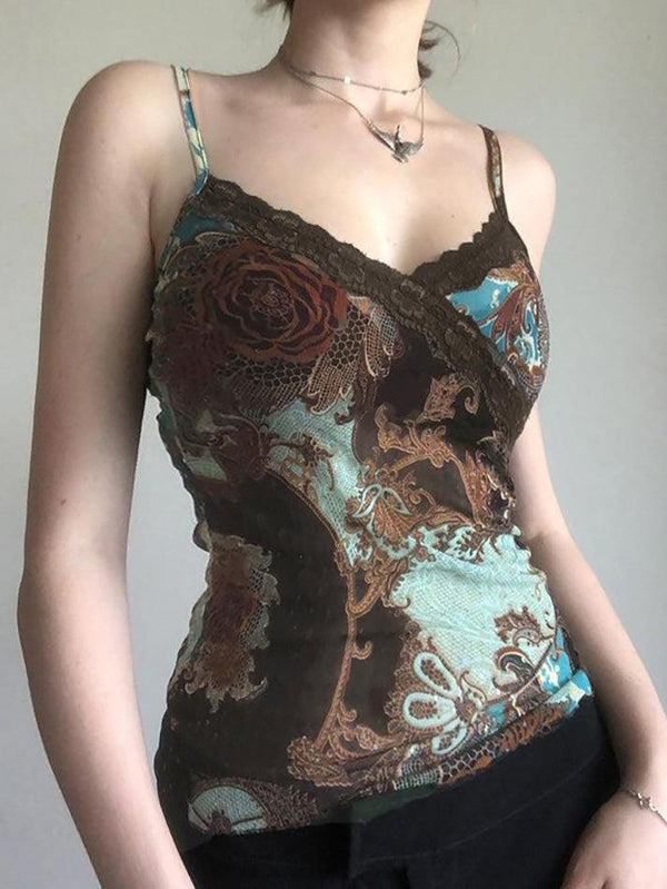 Vintage Floral Print Lace Mesh Tank Top - AnotherChill