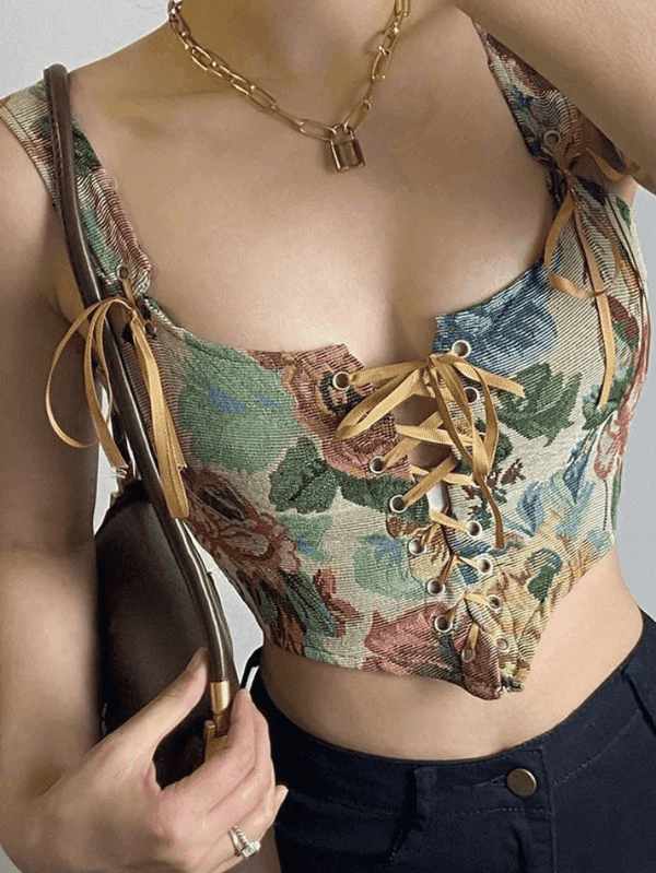 Vintage Jacquard Lace Up Corset Top - AnotherChill