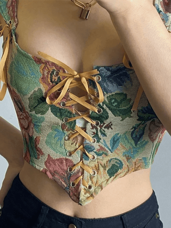Vintage Jacquard Lace Up Corset Top - AnotherChill