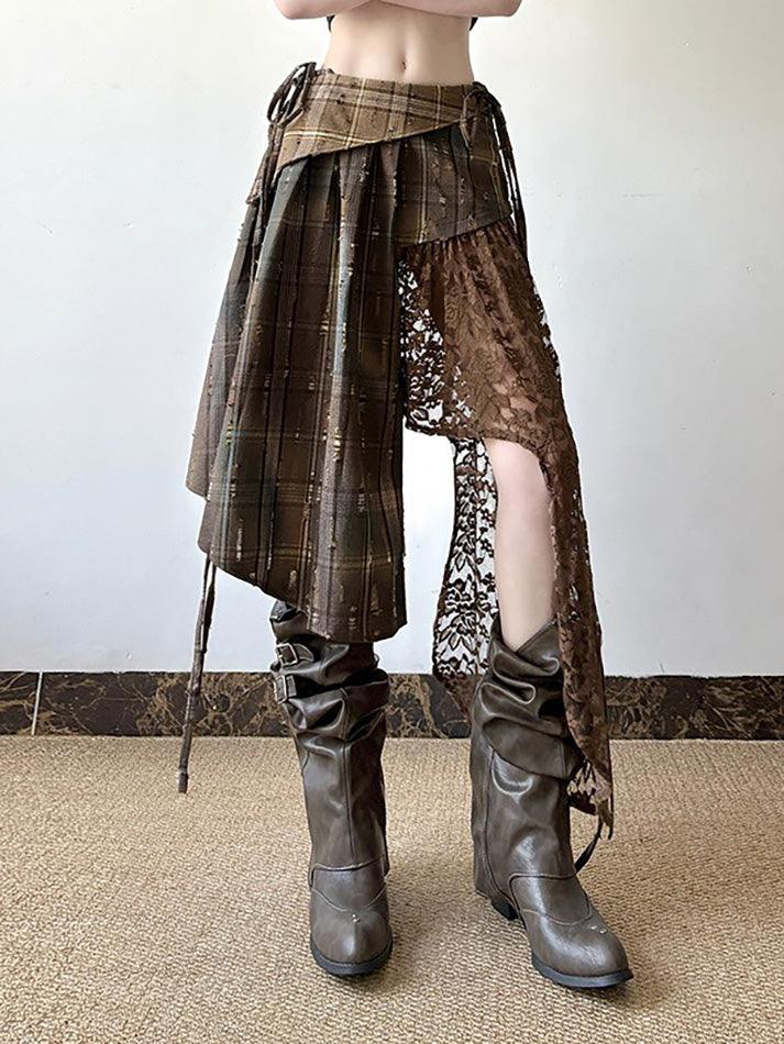 Vintage Lace Patchwork Plaid Irregular Midi Skirt - AnotherChill