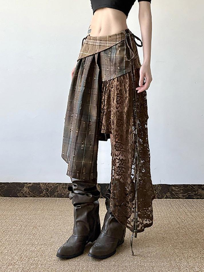 Vintage Lace Patchwork Plaid Irregular Midi Skirt - AnotherChill