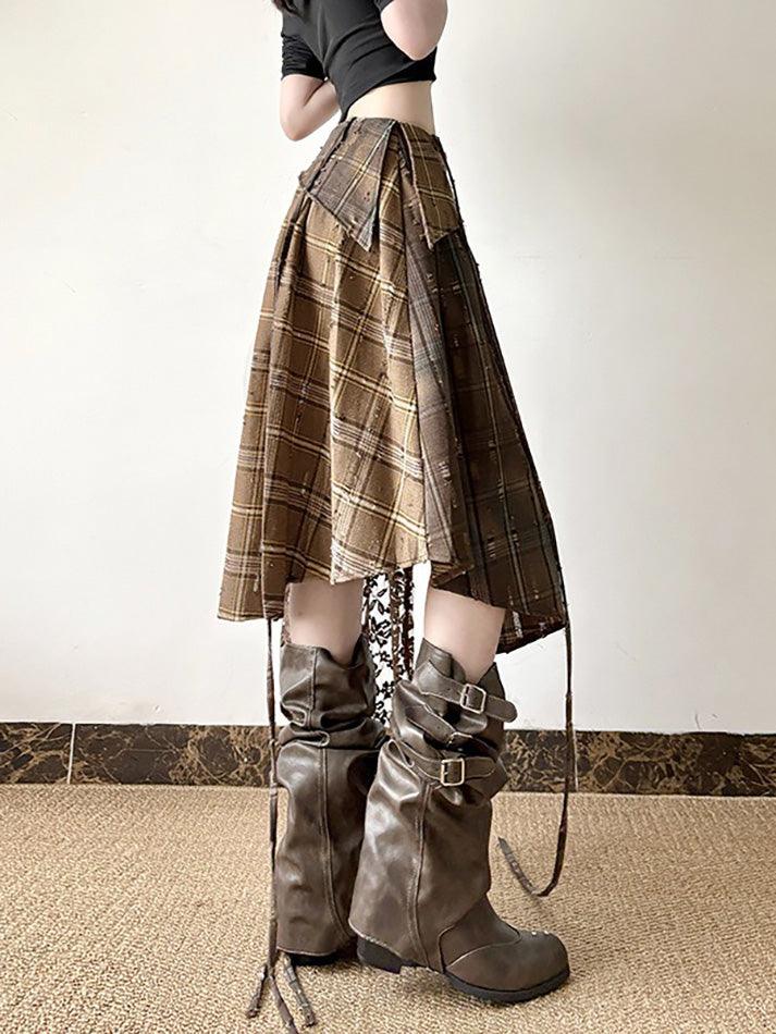 Vintage Lace Patchwork Plaid Irregular Midi Skirt - AnotherChill