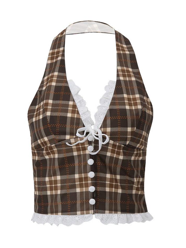 Vintage Lace-Trim Plaid Halter Vest - AnotherChill