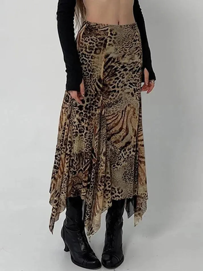 Vintage Leopard Print Asymmetrical Hem Midi Skirt - AnotherChill