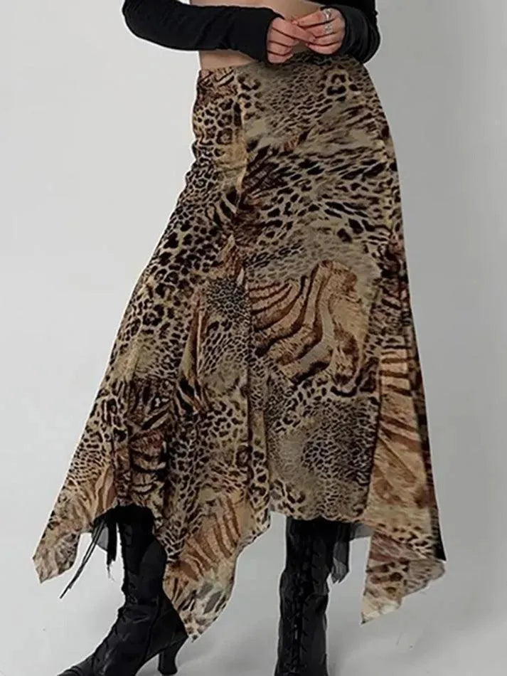 Vintage Leopard Print Asymmetrical Hem Midi Skirt - AnotherChill