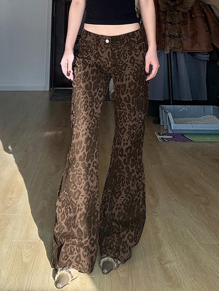 Vintage Leopard Print Multi-Pocket Flared Jeans - AnotherChill