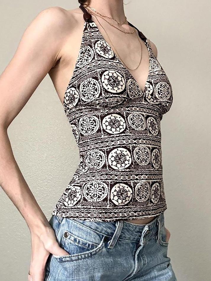 Vintage Pattern Beaded Halter Tie-Back Cami Top - AnotherChill