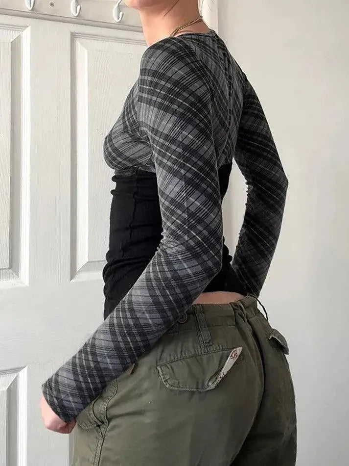 Vintage Plaid Patchwork Contrast V-Neck Top - AnotherChill