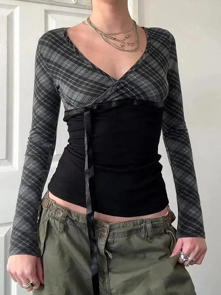 Vintage Plaid Patchwork Contrast V-Neck Top - AnotherChill