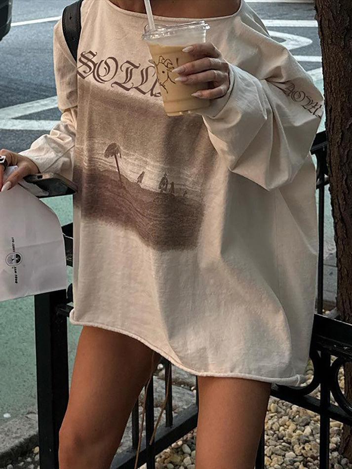 Vintage Printed Oversize Long Sleeve Top - AnotherChill