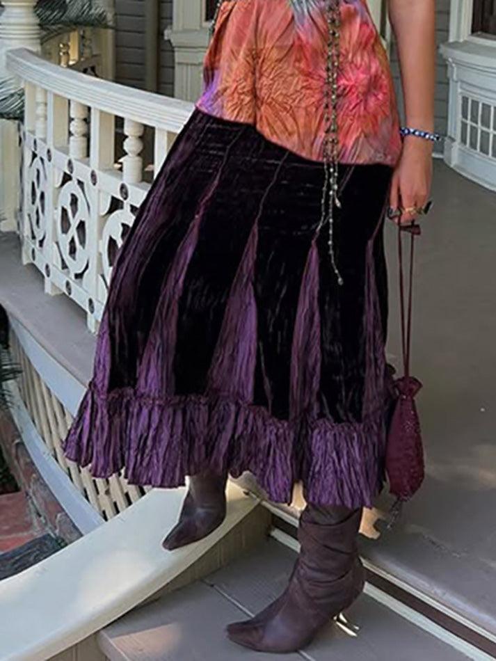 Vintage Purple Ruched Patchwork Midi Skirt - AnotherChill