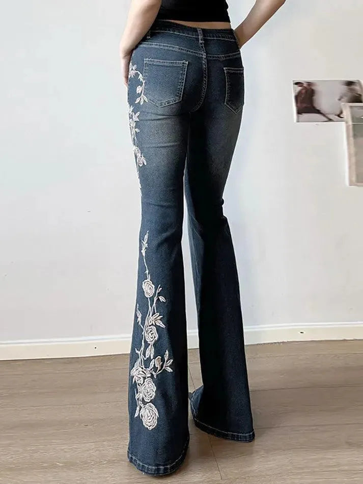 Vintage Rose Embroidery Gradient Flared Jeans - AnotherChill