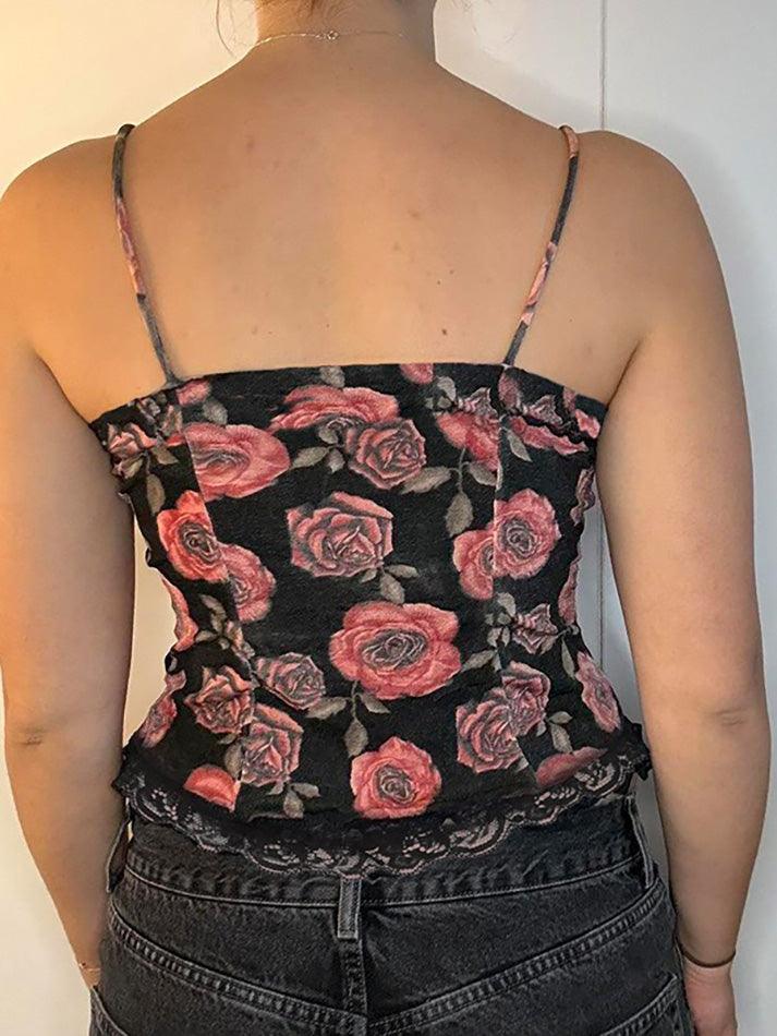 Vintage Rose Print Drawstring Tie Cami Top - AnotherChill