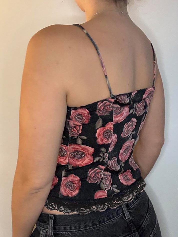 Vintage Rose Print Drawstring Tie Cami Top - AnotherChill