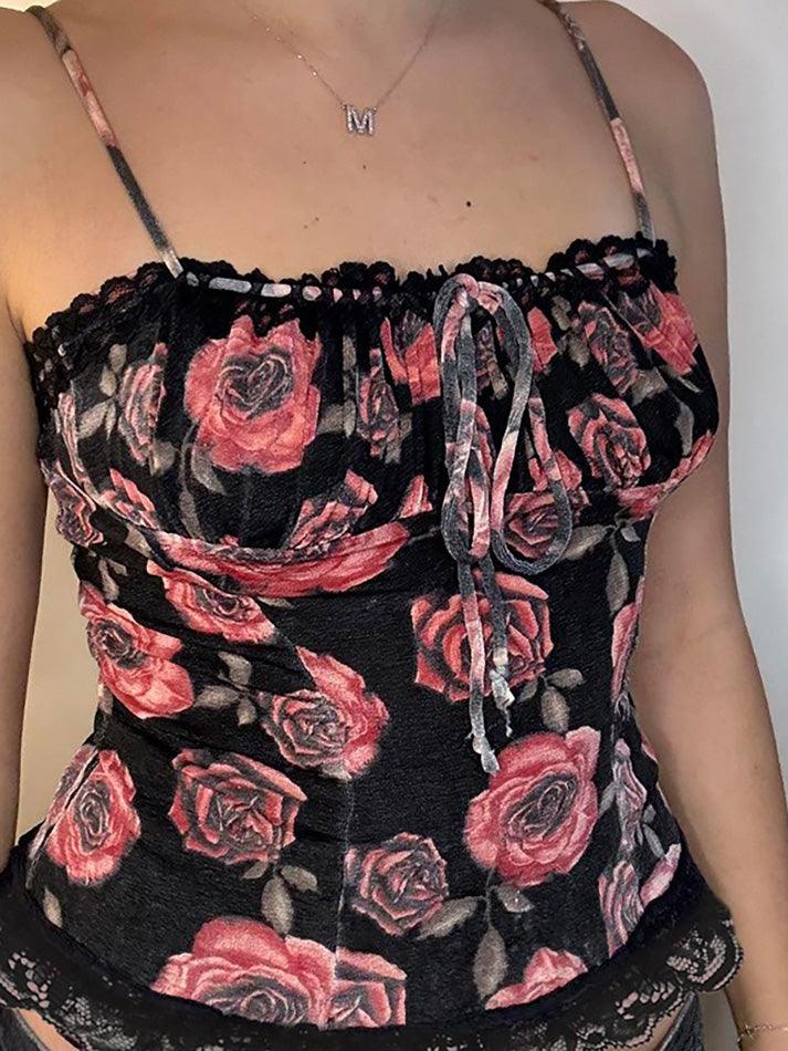 Vintage Rose Print Drawstring Tie Cami Top - AnotherChill