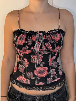 Vintage Rose Print Drawstring Tie Cami Top - AnotherChill